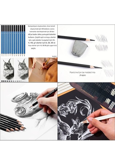 Kara Kalem Çizim Seti, Eskiz Kalem Seti, Dereceli Kalem Set, Tonlama-rulo Kalemlikli-32parça