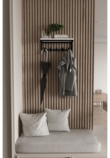 Aju Modern Portmanto Duvar Tipi Askılık Ve Raf Ceket Şemsiye Çanta Havlu Elbise Posta Hol Koridor Askısı Siyah