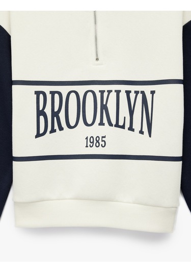 Koton Yarım Fermuarlı Baskılı Uzun Kollu Dik Yaka Sweatshirt Ekru 6wkg10087ak Ekru