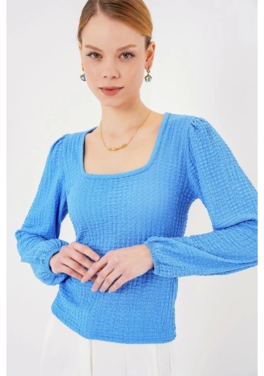 Defymoda 0442 Uzun Kollu Bluz - Saks Saks