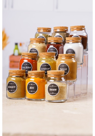 12 Adet Tahta Kaşıklı Mantar Kapak Baharatlık 300 Ml Siyah Etiket Şeffaf