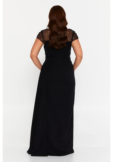 Doridorca Kadın Büyük Beden Taş Süslemeli Derin Yırtmaçlı Maxi Abiye Elbise 7048 Siyah Siyah