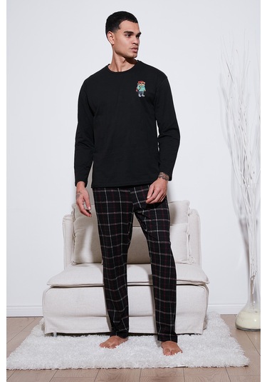 Buratti Ekoseli Regular Fit Yüksek Bel Cepli Bisiklet Yaka Erkek Pijama Takımı 6574002 Siyah-Siyah