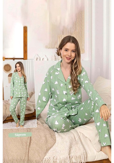 Kadın Kalp Desen Düğmeli Suprem Pijama Takımı 0381 Yeşil Yeşil