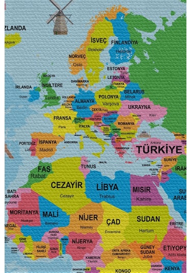 Harita Sepeti Duvar Örtüsü Halısı Detaylı Güncel Türkçe Dünya Haritası Kaliteli Kanvas Kumaş-3976-65 X 40