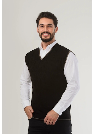 Kamalı Siyah Erkek V Yaka Triko Örgü Tüylenmez Süveter Regular Fit Saç Örgü Desenli Siyah