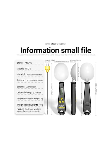 Aneng 2'si 1 Arada Abs + Paslanmaz Çelik Dijital Ekran Elektronik Mutfak Termometresi Gıda Ağırlığı Ölçme Kaşığı - Siyah