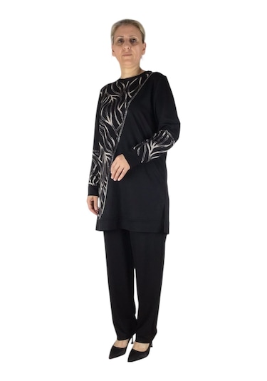Kadın Bluz Önü Desenli Taşlı Pantolon Lastikli İkili Takım Siyah