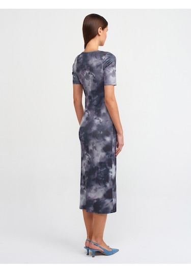 Dilvin Bisiklet Yaka Kısa Kol Baskılı Triko Elbise Füme