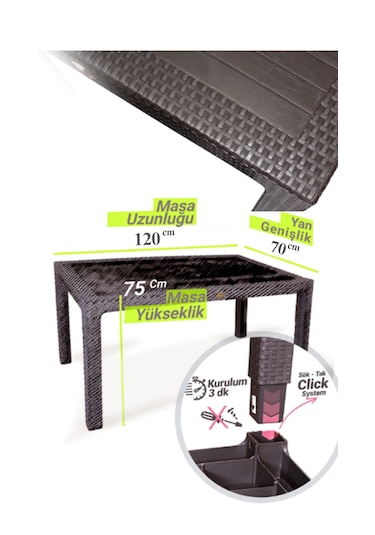 Rattan Masa 70x120 Sabit Camlı Masa - Bahçe Balkon Teras