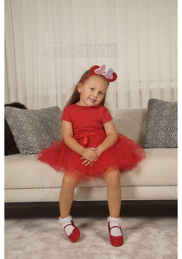 Tüllü Baskısız Düz Üst Kısım Ribana Alt Kısım Astarlı Tütü Etek Kız Çocuk Prenses Kısa Kollu Elbise Kırmızı
