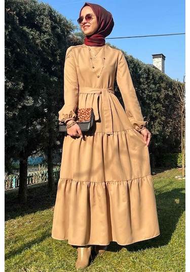 Rabia Şamlı Bej Gabardin Elbise Normal
