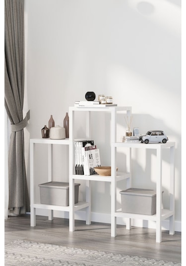 6 Katlı Düzenleyici Plastik Yatay Raf Ünitesi Beyaz, Kitaplık, Banyo, Mutfak Rafı, Beyaz Beyaz