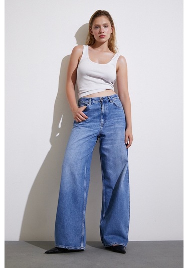 Never More Yüksek Bel Baggy Jean Mavi