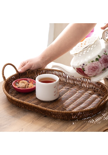 Porsima 708c Oval 3'lü Hasır Tepsi Dekoratif Sunum Servis Tepsisi