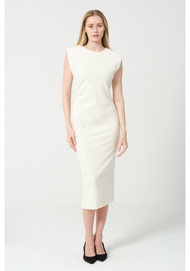 Arka Yırtmaç Detaylı Bel Büzgülü Elbise BEYAZ Beyaz