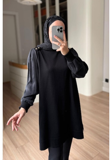 Kahijab Omzu Düğmeli Yarım Balıkçı Merserize Tunik - Siyah