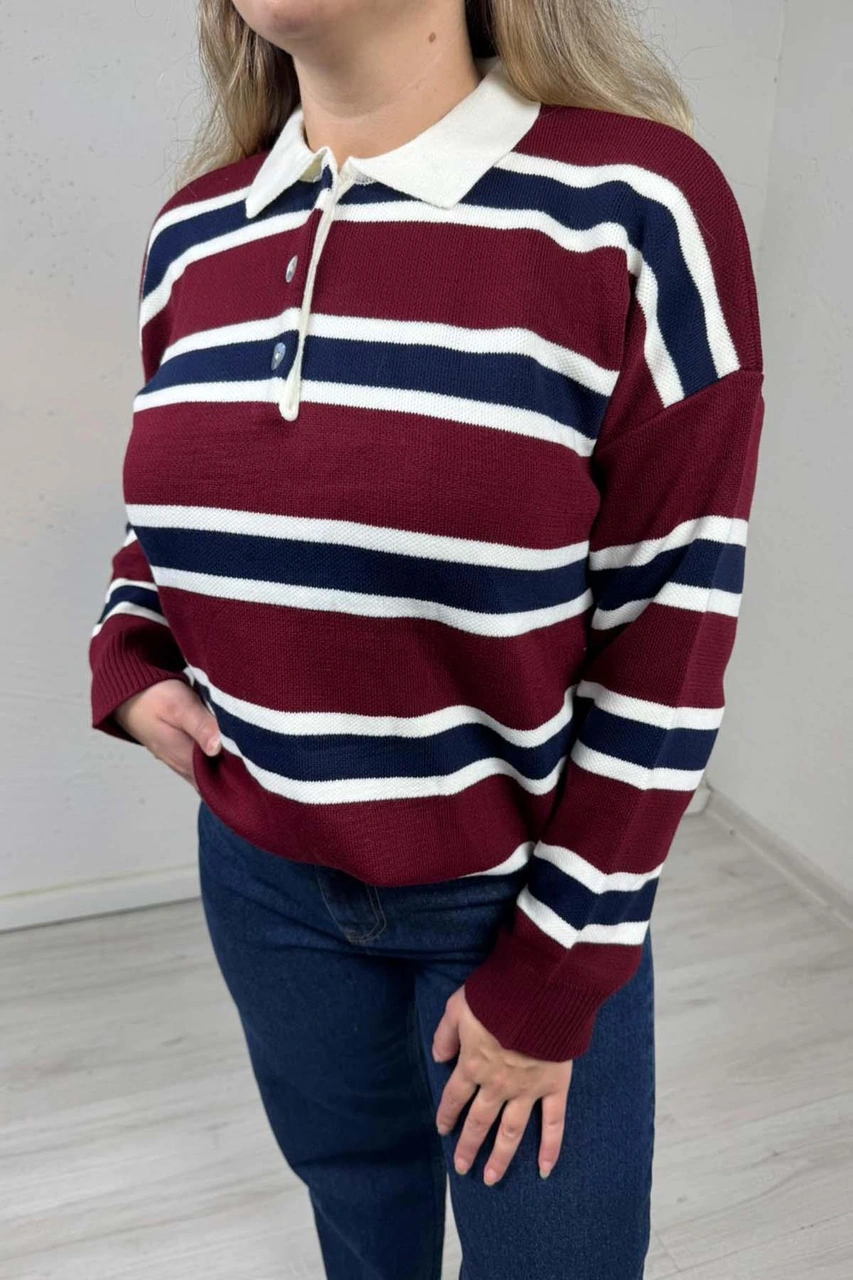 Explode - Kadın Bordo Polo Yaka Çizgili Oversize Triko Kazak Bordo