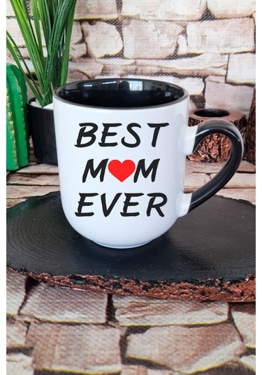 Best Mom Ever Anneler Günü Hediye Baskılı İçi Ve Kulpu Siyah Renkli Premium Kupa Bardak Siyah