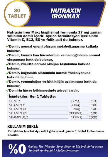 Nutraxin Iron Max 17 Mg 30 Tablet - Gentle Iron, Vitamin C, B12, B6, Folik Asit