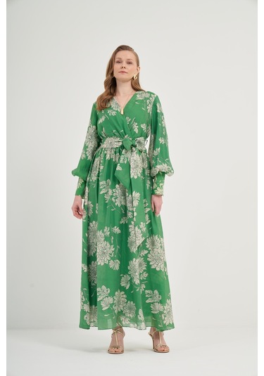 Ftz Kadın Tansel Desenli Elbise Yeşil 31057 Yeşil