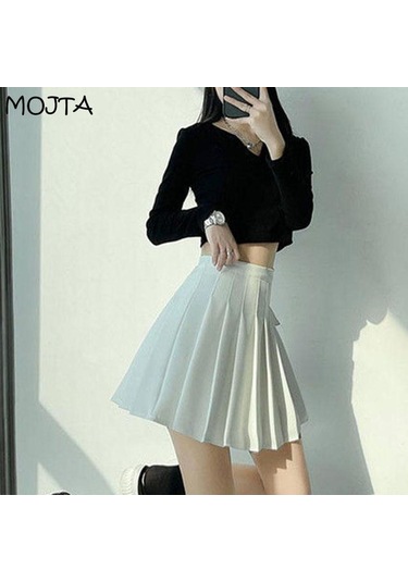 Siyah Yaz Kadın Etek Tarzı Pileli Etek Şık Öğrenci Yüksek Bel A-line Etek Kadın Siyah