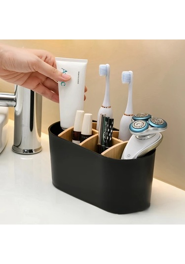 Cordial Siyah 5 Gözlü Plastik Bambu Diş Fırçası Askılığı, Banyo Organizatörü Ve Dekoru Siyah