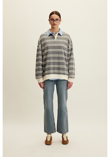 Polo Yaka Oversıze Sweatshırt Gri Gri