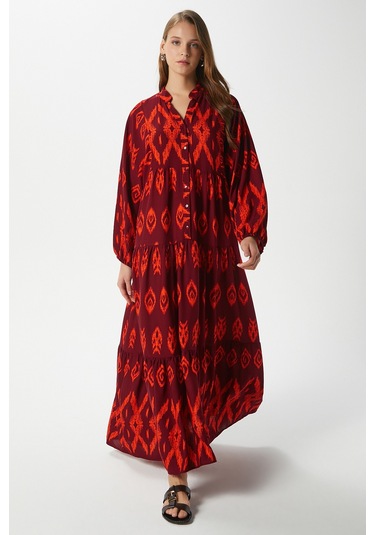 Modest Megan Turuncu Kadın %100 Viskon Maksi Boy Katlı Balon Kol Uzun Yazlık Elbise Turuncukırmızı