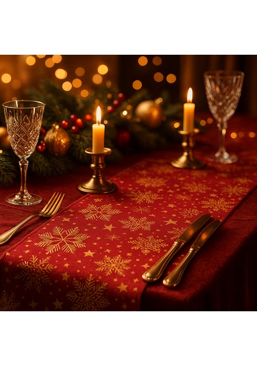 Kırmızı Gold Yılbaşı Masa Runner I Kar Tanesi Desenli Duck Dokulu 40x140 Cm Kırmızı