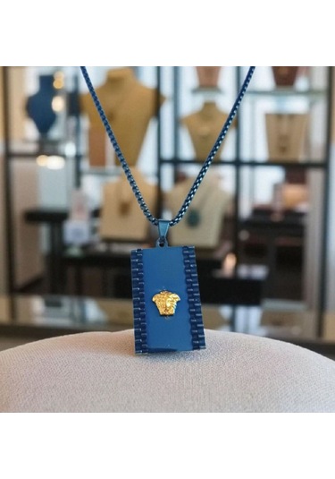 Erkek Özel Tasarım Çelik Kolye 9125 Lacivert