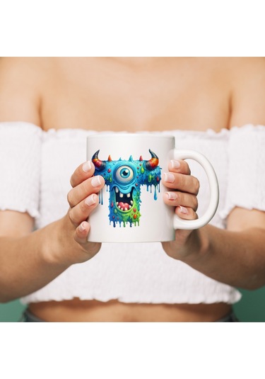 T Harfi Bardak, Sevimli Canavarlar Harflı Bardak Hediyesi Porselen Beyaz