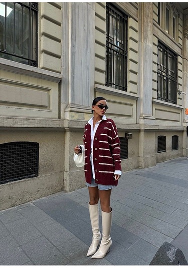 Lymens Rahatlık Ve Şıklıkta Sınır Tanımayan Çizgili Oversize Akrilik Hırka Bordo