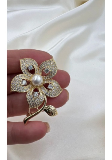 Bb Altın Kaplama İncili Çiçek Broş Altın - Beyaz