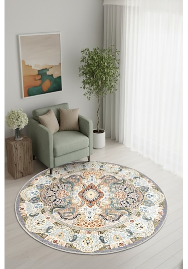 Zeminde Bir Dönüş Yuvarlak Medalyonlu Halı Tasarımı - Kaymaz Taban Krem