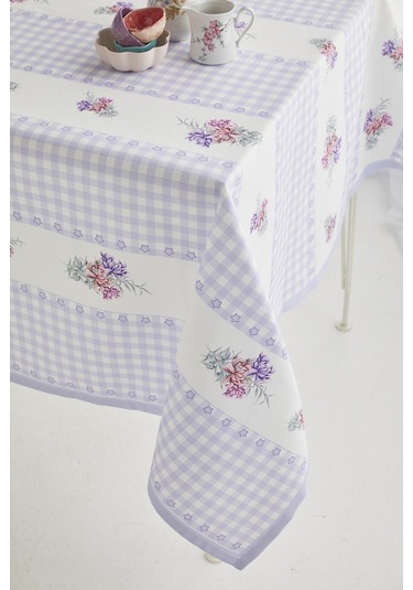 Ays Home Lila Çiçekli Pötikareli Yemek Masası Örtüsü