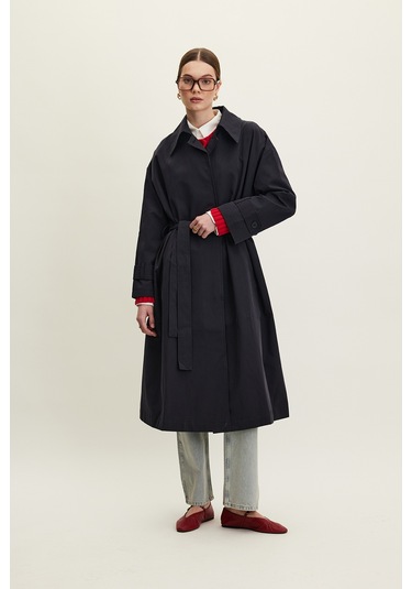 Kemerli Oversize Gabardin Trençkot Lacivert Lacivert