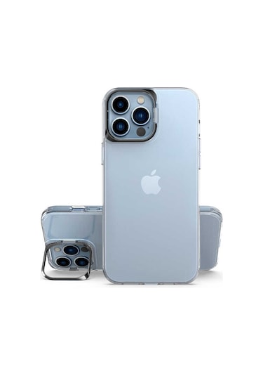 Ekılıf - İphone 13 Pro Max Uyumlu Kılıf Stand Olan Şeffaf Pürüzsüz Sert Skuba Kapak - Siyah