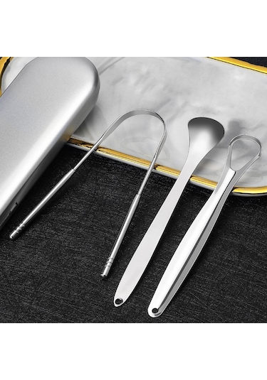 Tenfowee Paslanmaz Çelik Dil Kazıyıcı 3'lü Set - Ağız Kokusunu Önler, Hijyenik Ve Taşınabilir 111 Karakter Gümüş