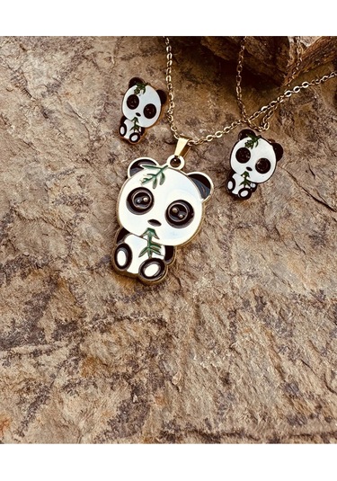 Şaşkın Panda Mineli Altın Renk Çelik Çocuk Küpe Kolye Set