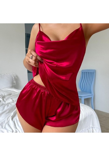 Buz İpek Atlet Pijama Kadın Moda İki Parça Ev Giyim İnce Ev Askılı Şort Takımı Lacivert