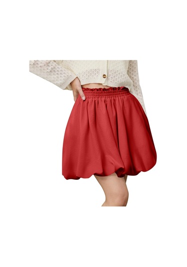 Kadın Yüksek Bel Fırfırlı Çiçekli Etek A Kesim Kısa Etek CAMEL