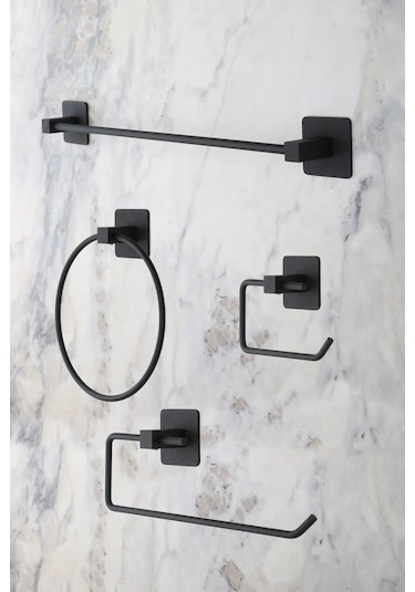 MultiStore Siyah Kare Yapışkanlı Uzun Havluluk Halka Havluluk Wc Açık Tuvalet Kağıtlığı Rulo Havluluk 4lü Set Siyah