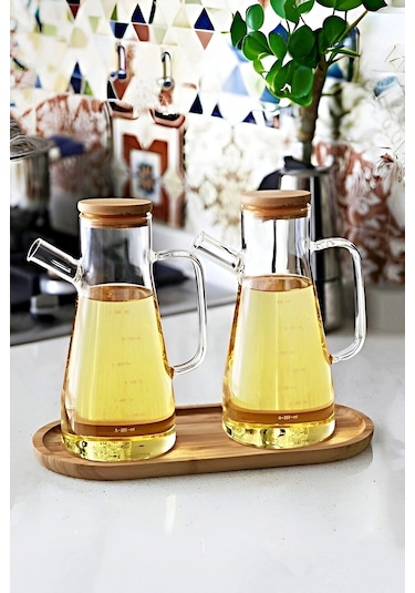 Bambu Kapaklı Cam Yağdanlık Vakumlu Ahşap Stantlı Sirkelik Zeytinyağı Şişesi Yağlık 900 Ml 3'lü Set