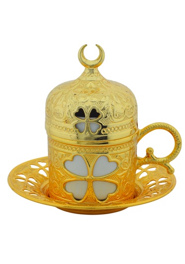 Yonca Desenli 6 Kişilik Porselenli Kapaklı 24 Parça Altın Renk Fincan Seti Altın