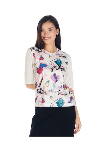 ekazak Crystal Baskılı Luxury Viskoz Tshirt Bluz