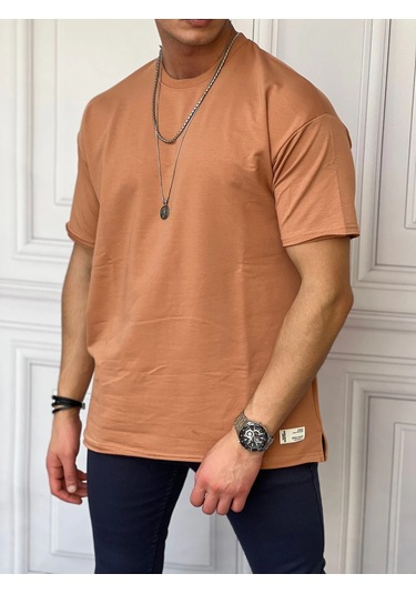Modefendi Pamuk Likra Yırtmaç Detaylı 2 İplik Oversize Tshirt Hardal