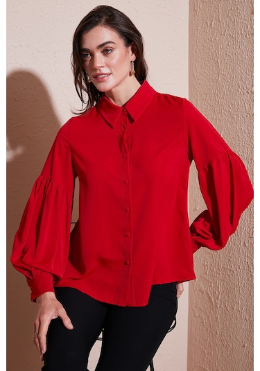 Lela Regular Fit Dikiş Detaylı Düz Yaka Balon Kol Bayan Gömlek 611Go00003 Kırmızı