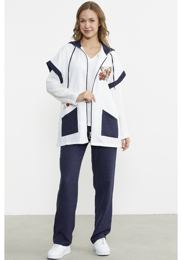 Keten Görünümlü Rahat Kalıp Üçlü Takım - Lacivert Lacivert