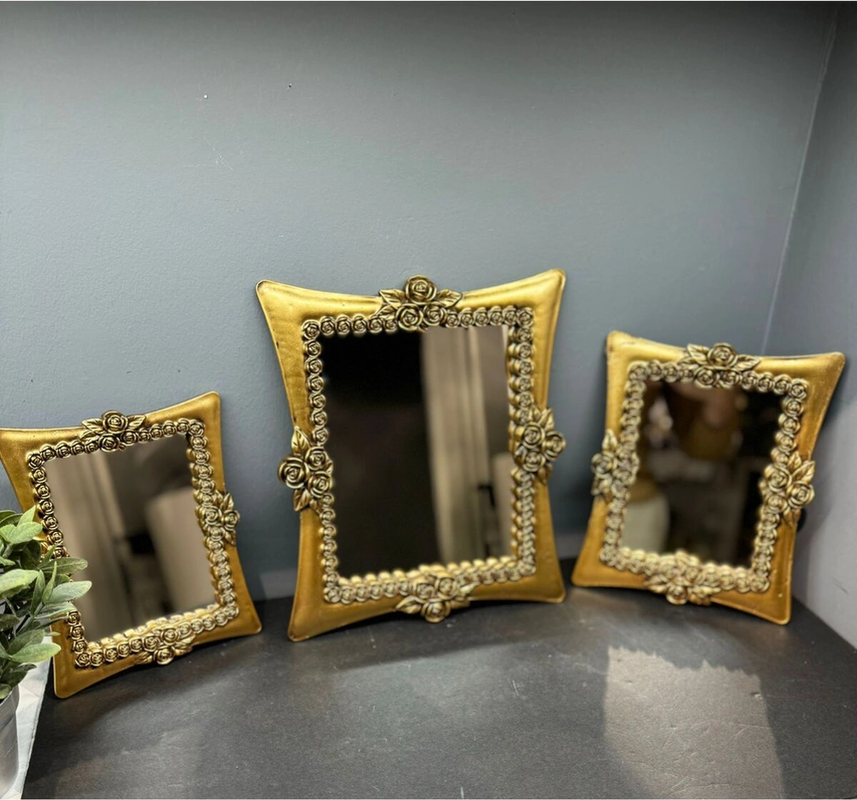 Dekoratif Polyester Üçlü Kare Ayna Takımı Gold Eskitme